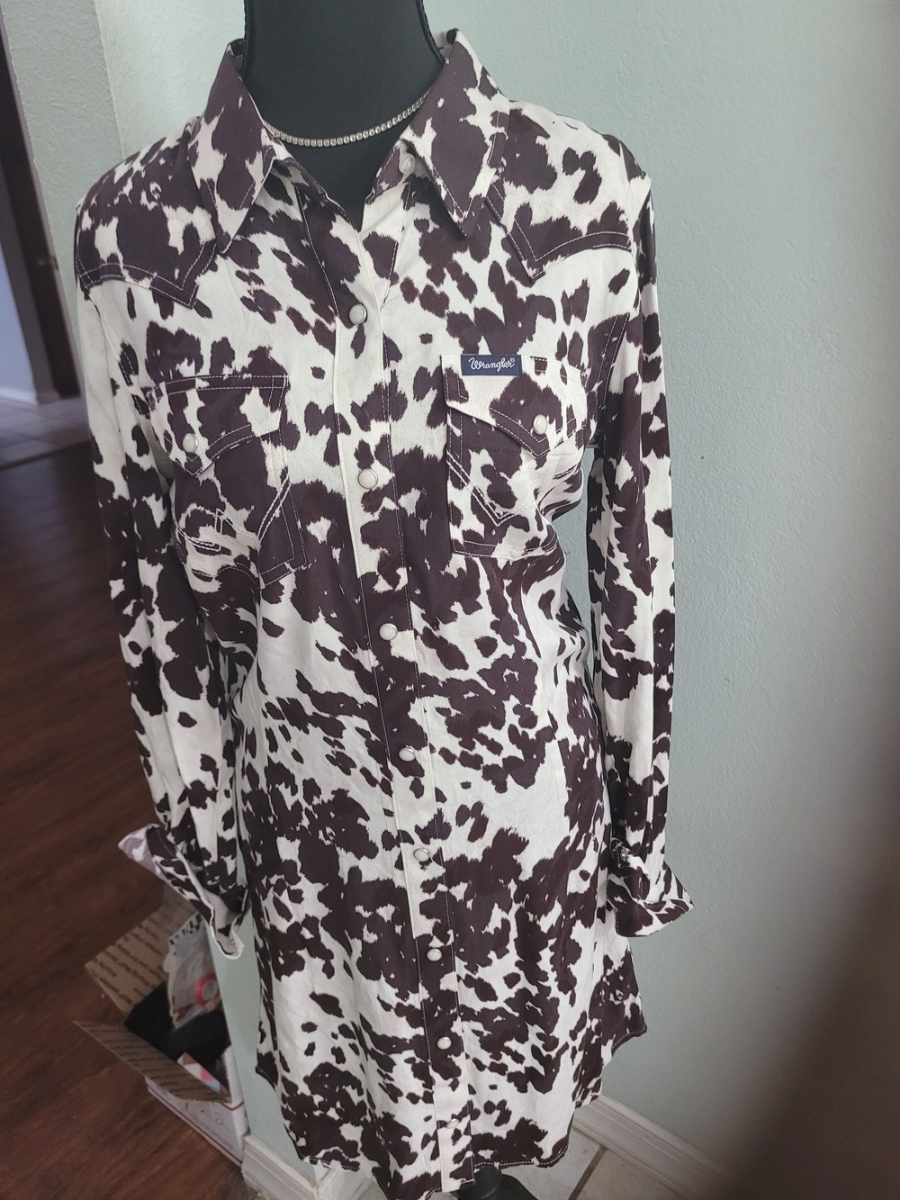 Wrangler Retro Cow Print Western Pearl Snap Shirt Dress Brown White XS New